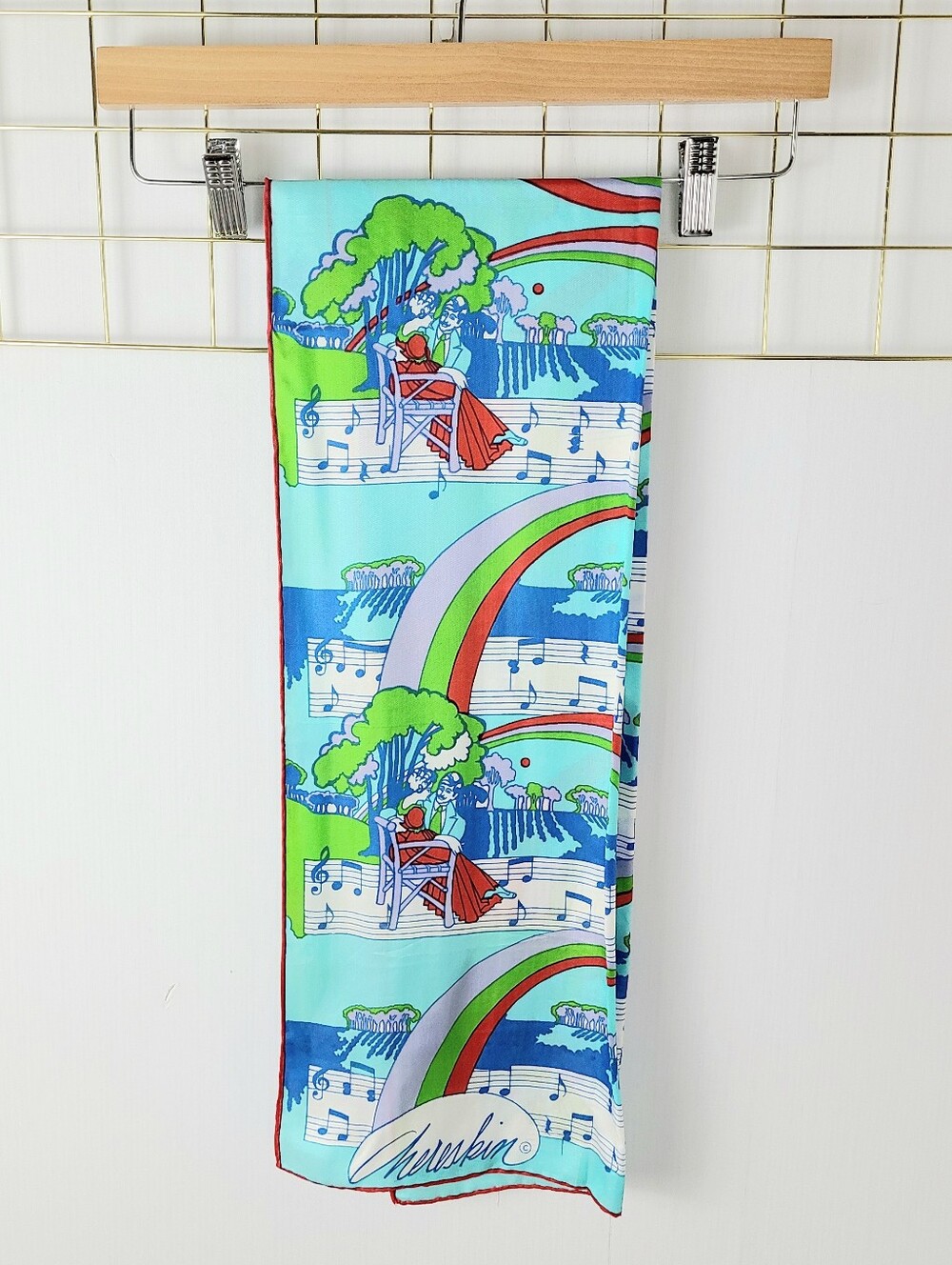 Ron Chereskin Graphic Courting Couple Music Notes Oblong Vintage Silk Scarf